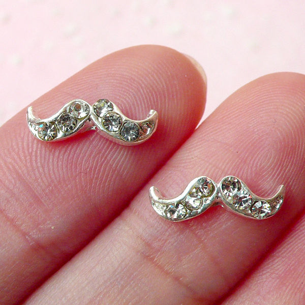 Tiny Mustache Cabochon w/ Clear Rhinestones (2pcs) (13mm x 4mm / SILVER) Kawaii Nail Art Nail Decoration Scrapbooking NAC091