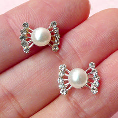 Mini Bowtie Bow Cabochon w/ Pearl (2 pcs / 11mm x 8mm) Kawaii Nail Art Nail Decoration Earrings Making Fake Mini Cupcake Topper NAC103