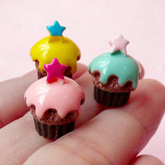 3D Cupcake Cabochon w/ Star (3pcs / 12mm x 16mm) Miniature Sweets Dollhouse Cupcake Jewelry Kawaii Deco Fairy Kei Decoden Supplies FCAB120