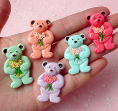 Bear with Flower Cabochon Mix (5pcs / 35mm x 23mm / Pastel Color) Kawaii Animal Cabochon Decoden DIY Cell Phone Deco Scrapbooking CAB263
