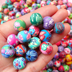 Polymer Clay Beads Lot / Assorted Flower Beads Mix (12mm / Round / Floral / 15pcs by Random) Bead Supplies Bracelet Necklace Beading F109