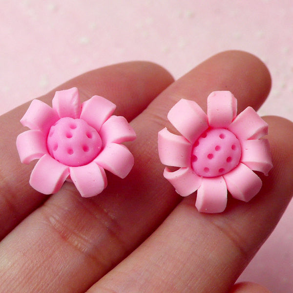 Sunflower Chrysanthemum Beads / Cabochon (2pcs / 16mm / Pink) Polymer Clay Flower Beads Scrapbooking Cell Phone Deco Jewelry Making CAB258