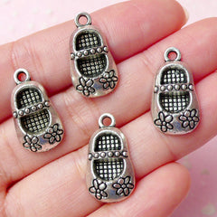 Baby Girl Shoe Charms w/ Flower (4pcs) (11mm x 21mm / Tibetan Silver) Pendant Bracelet Earrings Zipper Pulls Bookmark Keychains CHM258