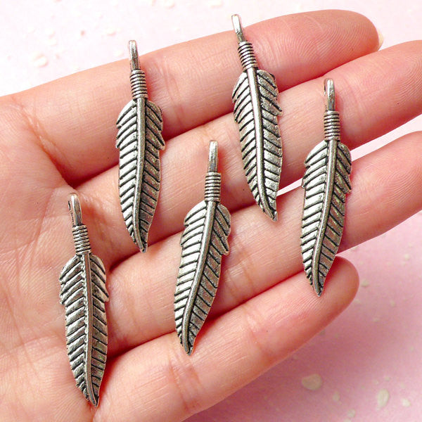 Feather Keychain Charm Feather Charms (5pcs) (37mm x 9mm Tibetan Silver) Antique Charm Meta  MiniatureSweet Kawaii Resin Crafts Decoden Cabochons Supplies Jewelry  Making
