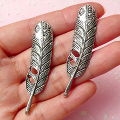 Feather Charms (2pcs) (53mm x 12mm / Tibetan Silver) Metal Findings Pendant Bracelet Earrings Bookmark Zipper Pulls Keychain CHM304