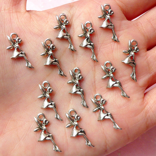 Tiny Fairy Charms Mini Fay Fae (12pcs) (18mm x 8mm / Tibetan Silver) Fairytale Bracelet Earrings Zipper Pulls Bookmarks Keychains CHM330