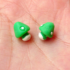 CLEARANCE Tiny Mushroom Cabochon / 3D Dollhouse Mushroom (2pcs / Green / 8mm x 11mm) Fairy Garden Terrarium Embellishment Fairytale Decoden CAB275