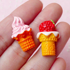 Strawberry Ice Cream Cabochon Mix (2pcs / 23mm / Flat Back) Kawaii Scrapbooking Sweets Decoden Phone Case Fake Dessert Embellishment FCAB129