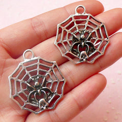 Spider & Spiderweb Charms (2pcs) (31mm x 35mm / Tibetan Silver) Metal Findings Pendant Bracelet DIY Earrings Zipper Pulls Keychain CHM424