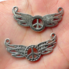 Peace Sign w/ Angel Wing Charms (2pcs) (37mm x 18mm / Tibetan Silver) Peace Symbol Connector Pendant Bracelet Zipper Pulls Keychain CHM447