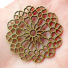 Filigree Flower Connectors (1pc) (38mm / Antique Bronze) Lace Cake Doily Charms Miniature Doilies Metal Findings Pendant Bracelet CHM477