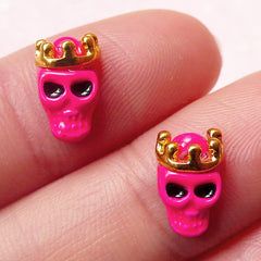 Mini Skull Head w/ Crown Cabochons (2pcs) (Hot Pink and Gold) Fake Miniature Cupcake Topper Earring Making Nail Art Decoration NAC116