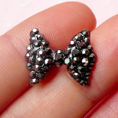 Bow / Bowtie Cabochon with Black Silver Rhinestones (1pc) Kawaii Bling Bling Deco Scrapbooking Wedding Jewelry Making Earring Making NAC122