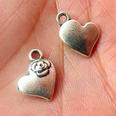 CLEARANCE Heart Charms w/ Flower (5pcs) (11mm x 14mm / Tibetan Silver) Valentines Pendant Bracelet Earrings Zipper Pulls Bookmarks Keychains CHM527