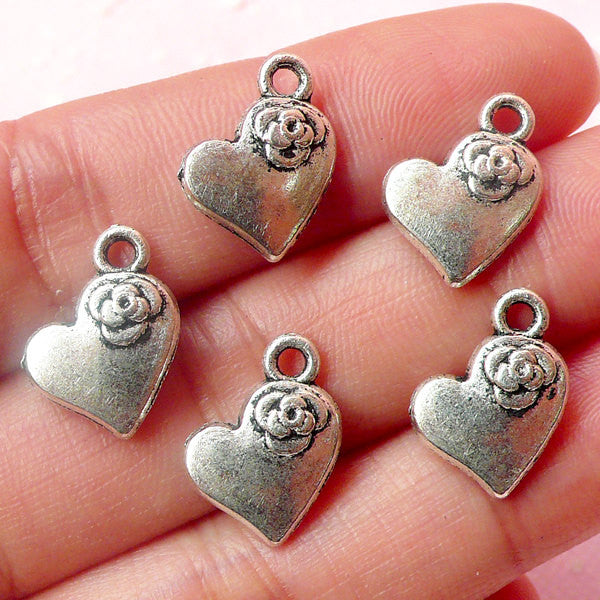 Clearance Heart Charms w/ Flower (5pcs) (11mm x 14mm / Tibetan Silver) Valentines Pendant Bracelet Earrings Zipper Pulls Bookmarks Keychains CHM527