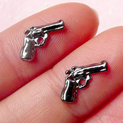 Tiny Gun Pistol Revolver Cabochon (2pcs) (12mm / Black Silver) Fake Miniature Cupcake Topper Earring Making Rock Nail Art Decoration NAC127