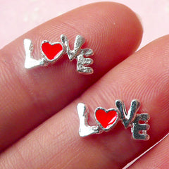 Tiny LOVE Cabochon (2pcs) (11mm / Red and Silver) Kawaii Fake Miniature Cupcake Topper Valentines Earring Making Nail Art Decoration NAC132