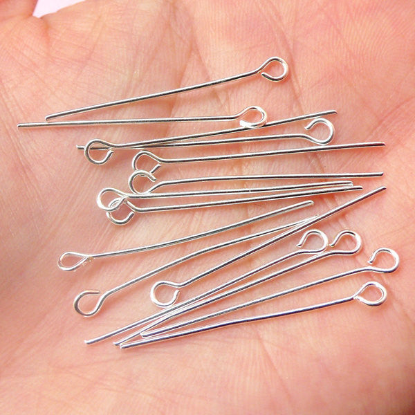 Eye Pins (30mm / 1.18 inches / 100 pcs / Silver Plated) Head Pin DIY B, MiniatureSweet, Kawaii Resin Crafts, Decoden Cabochons Supplies