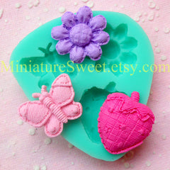 CLEARANCE Flexible Mold Silicone Mold (Butterfly Strawberry Flower 3pcs) Kawaii Gumpaste Fondant Cupcake Topper Miniature Sweets Scrapbooking MD020
