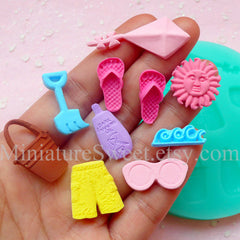 CLEARANCE Silicone Mold Flexible Mold (Summer Beach 10pcs) Fondant Gumpaste Cupcake Topper Chocolate Clay Resin Jewelry Scrapbooking Push Mold MD029
