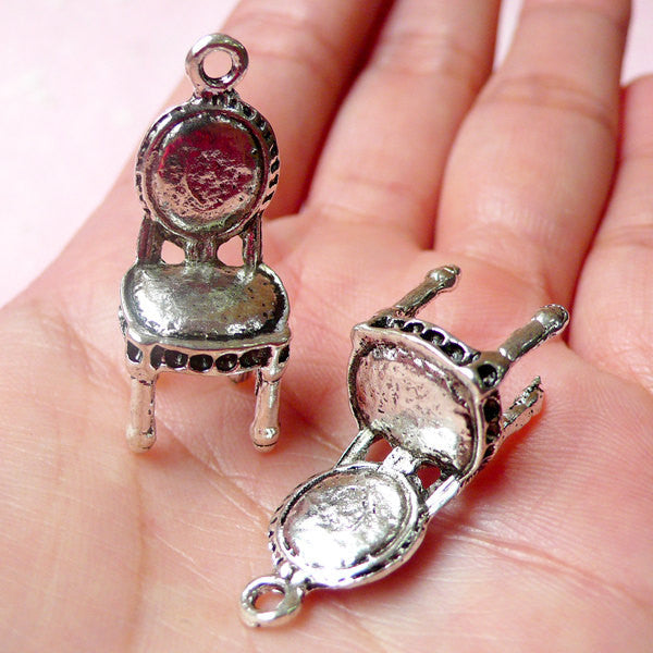 3D Antique Chair Charms (2pcs) (13mm x 29mm / Tibetan Silver) Dollhouse Metal Finding Pendant Bracelet Zipper Pulls Bookmark Keychain CHM558