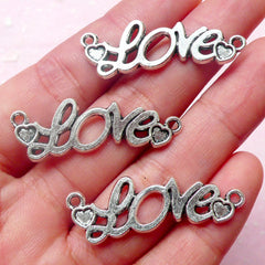 Love w/ Heart Connector Charms (3pcs) (36mm x 13mm / Tibetan Silver) Findings Pendant Bracelet Making Earrings Zipper Pulls Keychains CHM567