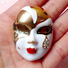 Mask Metal Cabochon (White, Gold w/ Clear Rhinestones) (32mm x 43mm) Cell Phone Deco Jewelry Making Decoden Scrapbooking CAB307