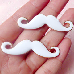 Metal Mustache Cabochon / Kawaii Moustache Charm (2pcs / 48mm x 13mm / White) Kitsch Jewelry Whimsical Decoration Decoden Supplies CAB320