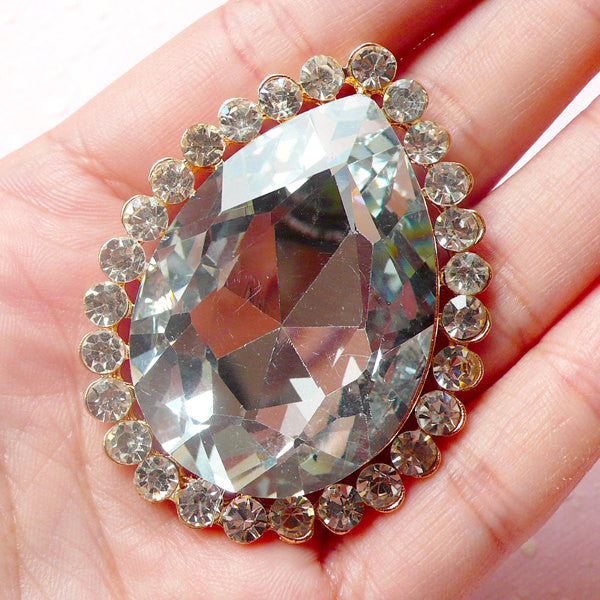 Teardrop Rhinestones w/ Rhinestones Chain (40mm x 51mm) (Clear and Gold) Bling Bling Cell Phone Deco Scrapbooking Jewelry Making CAB321
