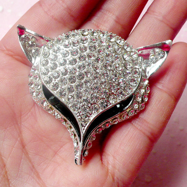 Rhinestone Animal Cabochon / Alloy Metal Fox Cabochon (Silver / 50mm x 44mm) Cell Phone Deco Sparkle Embellishment Hair Bow Center CAB324