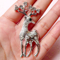 Reindeer Metal Cabochon (Silver w/ Clear Rhinestones / 28mm x 61mm) Animal Phone Case Deco Scrapbooking Christmas Decoration Decoden CAB330