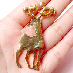 Reindeer Metal Cabochon (Gold with Clear Rhinestones / 28mm x 61mm) Animal Phone Case Deco Scrapbooking Christmas Decoration Decoden CAB327