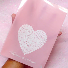 Valentines Gift Bags w/ Lace Heart (20 pcs / Pink) Plastic Gift Wrapping Bags Product Packaging Chocolate Bags (12.9cm x 19.2cm) GB077