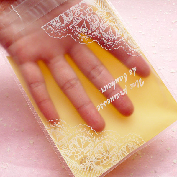 DEFECT Lace Doily Semi Clear Gift Bags (20pcs / Yellow) Kawaii Self Adhesive Resealable Plastic Bag Packaging Bag (10.4cm x 12.5cm) GB106