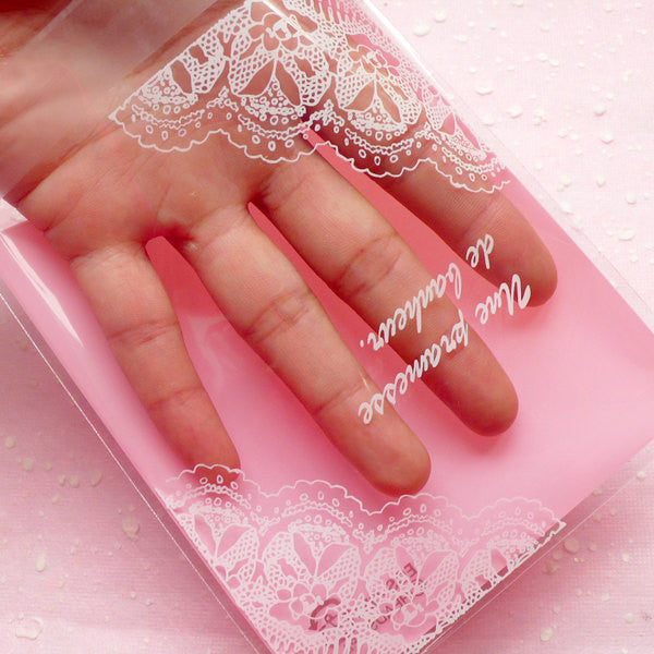 DEFECT Lace Doily Clear Gift Bags (20pcs / Pink) Kawaii Self Adhesive Resealable Plastic Bag Packaging Bag (10.9cm x 12.7cm) GB110