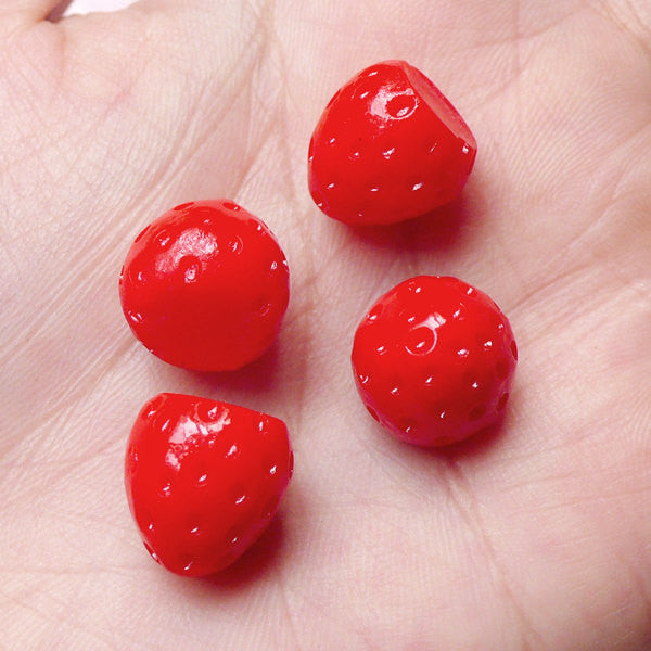 Mini Strawberry Cabochons Kawaii 3D Fruit Cabochon (4pcs / 12mm x 12mm, MiniatureSweet, Kawaii Resin Crafts, Decoden Cabochons Supplies
