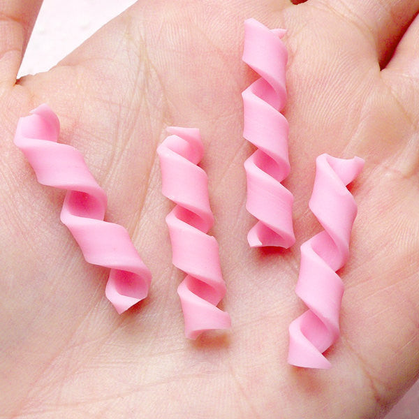 Polymer Clay Chocolate Swirls (4pcs / Strawberry Pink / 6mm x 32mm) Chocolate Curl Faux Toppings Dollhouse Food Miniature Sweets FCAB204