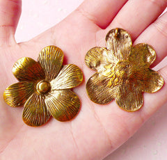 Big Flower Charms (2pcs) (37mm x 41mm / Antique Gold) Metal Findings Floral Pendant Bracelet Earrings Zipper Pulls Keychains Bookmark CHM616