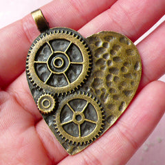 Steampunk Charms Heart Gear Charm (1pc) (38mm x 46mm / Antique Bronze) Pendant Bracelet Earrings Zipper Pulls Keychains Bookmark CHM648