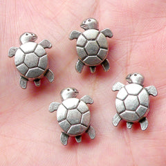 Turtle Beads (4 pcs) (13mm x 16mm / Tibetan Silver / 2 Sided) Metal Animal Beads Finding Pendant Bracelet Earrings Bookmark Keychains CHM662