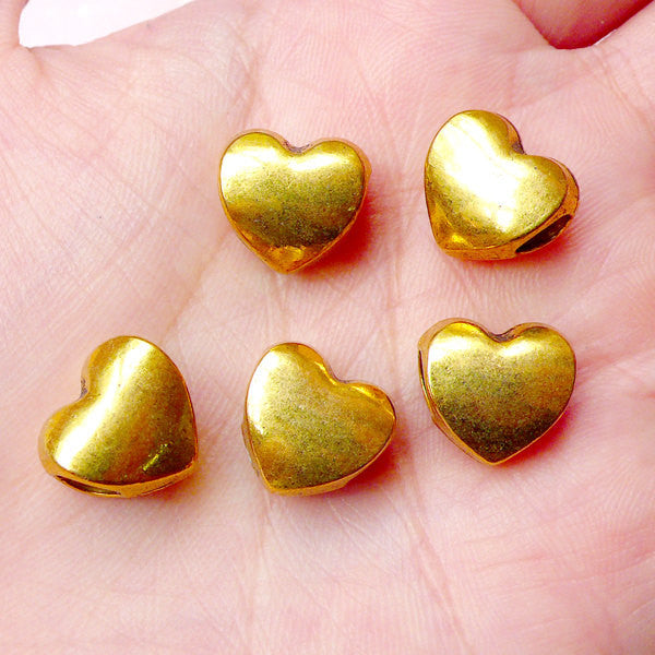 Heart Beads (5pcs) (12mm x 11mm / Antique Gold) Valentines Love Metal, MiniatureSweet, Kawaii Resin Crafts, Decoden Cabochons Supplies