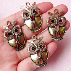 Owl Charms (4pcs) (21mm x 34mm / Antique Gold) Bird Charms Metal Findings Pendant Bracelet Earrings Bookmark Zipper Pulls Keychain CHM681