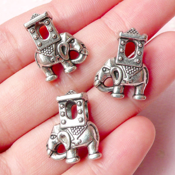 Elephant Beads (3pcs) (14mm x 19mm / Tibetan Silver / 2 Sided) Animal, MiniatureSweet, Kawaii Resin Crafts, Decoden Cabochons Supplies