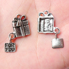 Gift Box w/ For You Tag Charms (4pcs) (15mm x 24mm / Tibetan Silver) DIY Gift Charms Pendant Bracelet Earrings Bookmark Keychains CHM694