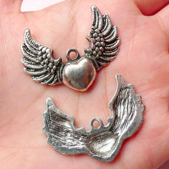 Winged Heart Charms (2pcs) (35mm x 27mm / Tibetan Silver) Angel Wing Charms Pendant Bracelet Earrings Zipper Pulls Keychain Bookmark CHM693