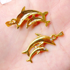 Dolphin Charms w/ Rhinestones (5pcs) (28mm x 16mm / Gold) Metal Findings Pendant Bracelet Earrings Zipper Pulls Bookmark Keychains CHM722