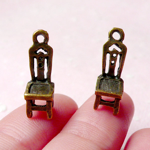 3D Chair Charms (10pcs) (6mm x 18mm / Antique Bronze) Dollhouse Miniature Pendant Bracelet Zipper Pulls Bookmark Keychain Findings CHM725