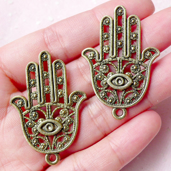 CLEARANCE Hamsa Hand Charms (2pcs) (28mm x 42mm / Antique Gold) Khamsa Palm Charms Pendant Bracelet Earrings Bookmark Keychains Zipper Pulls CHM770