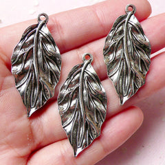 Leaf Charms (3pcs) (19mm x 39mm / Tibetan Silver) Floral Metal Findings Pendant Bracelet Earrings Zipper Pulls Bookmarks Keychains CHM759