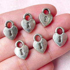 Heart Key Lock Charms / Beads (6pcs) (10mm x 14mm / Tibetan Silver / 2 Sided) Pendant Bracelet Earrings Zipper Pulls Keychains CHM781